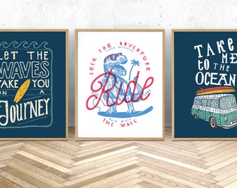 Set of 3 art prints, surfing poster, dinosaur wall art, printable kids room decor