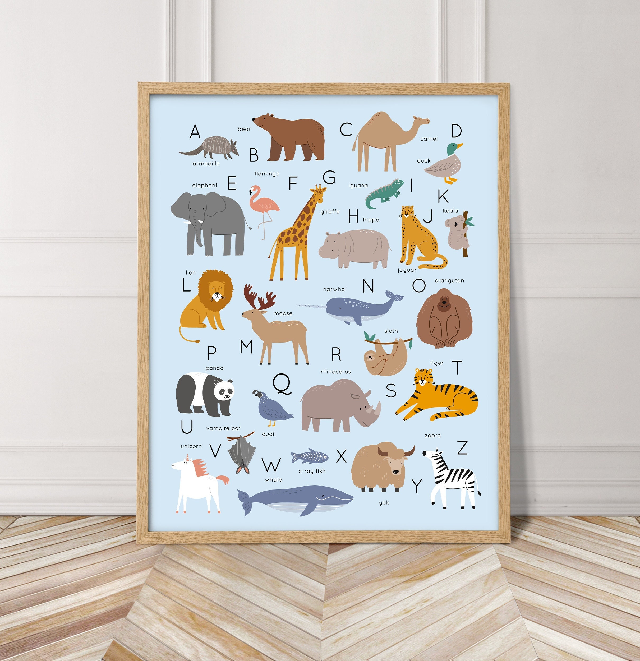 Animal Alphabet Poster in Blue, Printable Educational Wall Art - Etsy UK