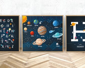 Space wall art set of 3 prints, with solar system, alphabet and custom baby name prints. Perfect for a space themed kids room!