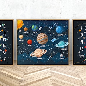 Sonnensystem Set von 3 Weltraumdrucken, Weltraumthema Kinderzimmer, Kinder Alphabet druckbare Poster, Jungen Kinderzimmer Dekor