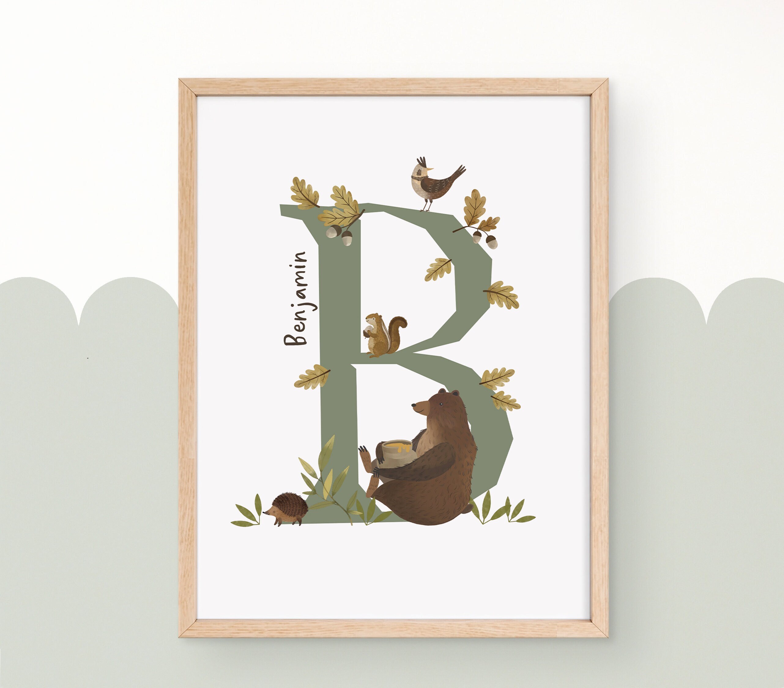 Custom forest woodland name print, personalized monogram initial, baby name art with bear