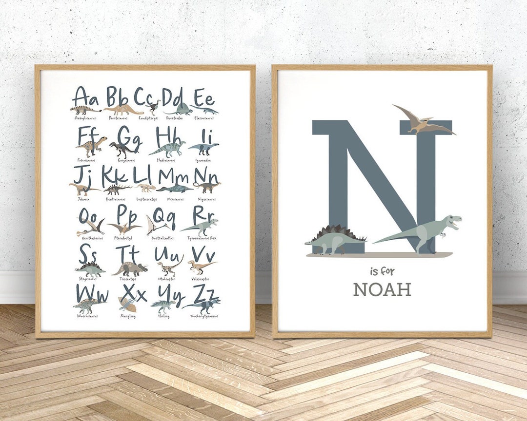 Dinosaur Wall Art Set of Two Prints - Nursery Alphabet Print and Name ...