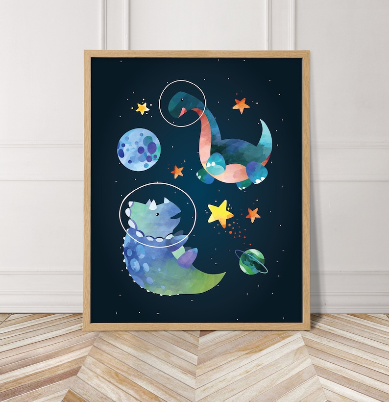 May include: A watercolour illustration of two dinosaurs in space. One dinosaur is a triceratops wearing an astronaut helmet and the other is a long-necked dinosaur. The dinosaurs are surrounded by stars, planets, and a moon.