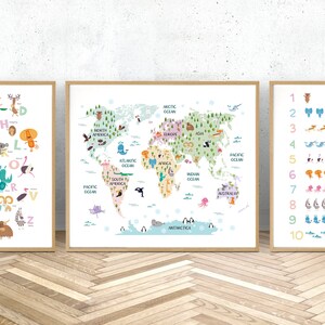 May include: Three colorful educational posters for children. The first poster features the alphabet with an animal illustration for each letter. The second poster is a world map with continents and oceans labeled. The third poster shows numbers 1 through 10 with a corresponding number of animal illustrations.