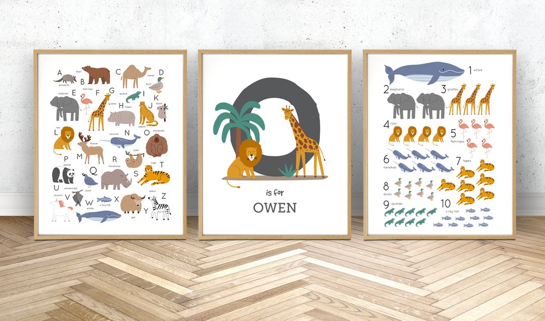 Set of Three Animal Alphabet and Numbers Wall Art, Personalised ABC and ...