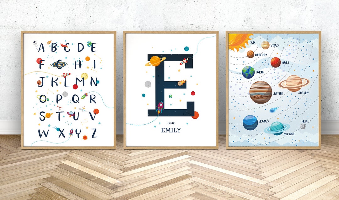 Space Wall Art Set of 3 Prints, Space Themed Nursery, Custom Baby Name ...