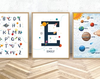 Space wall art set of 3 prints, space themed nursery, Custom baby name print, outer space decor, solar system print