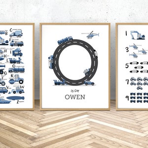 Set of three blue transportation wall art,  alphabet and numbers nursery prints, educational prints