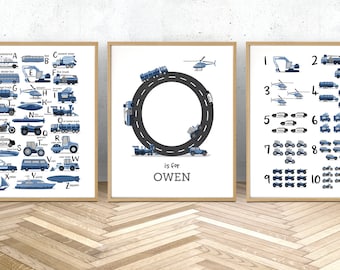 Set of three blue transportation wall art,  alphabet and numbers nursery prints, educational prints