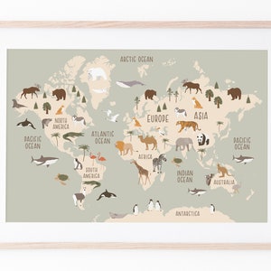 Kinder Weltkarte mit den Tieren der Welt, perfekt für ein Safari oder Dschungel Thema Kinderzimmer!