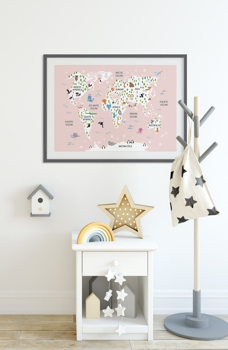 Pink World Map Print Nursery World Map Pink Nursery Decor Etsy