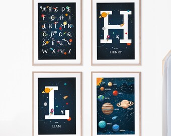 Space wall art set of 4 prints, space themed nursery, Custom baby name print, outer space decor, solar system print