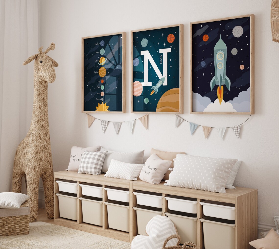 Space Wall Art Set of 3 Prints With Rocket, Solar System and Custom ...