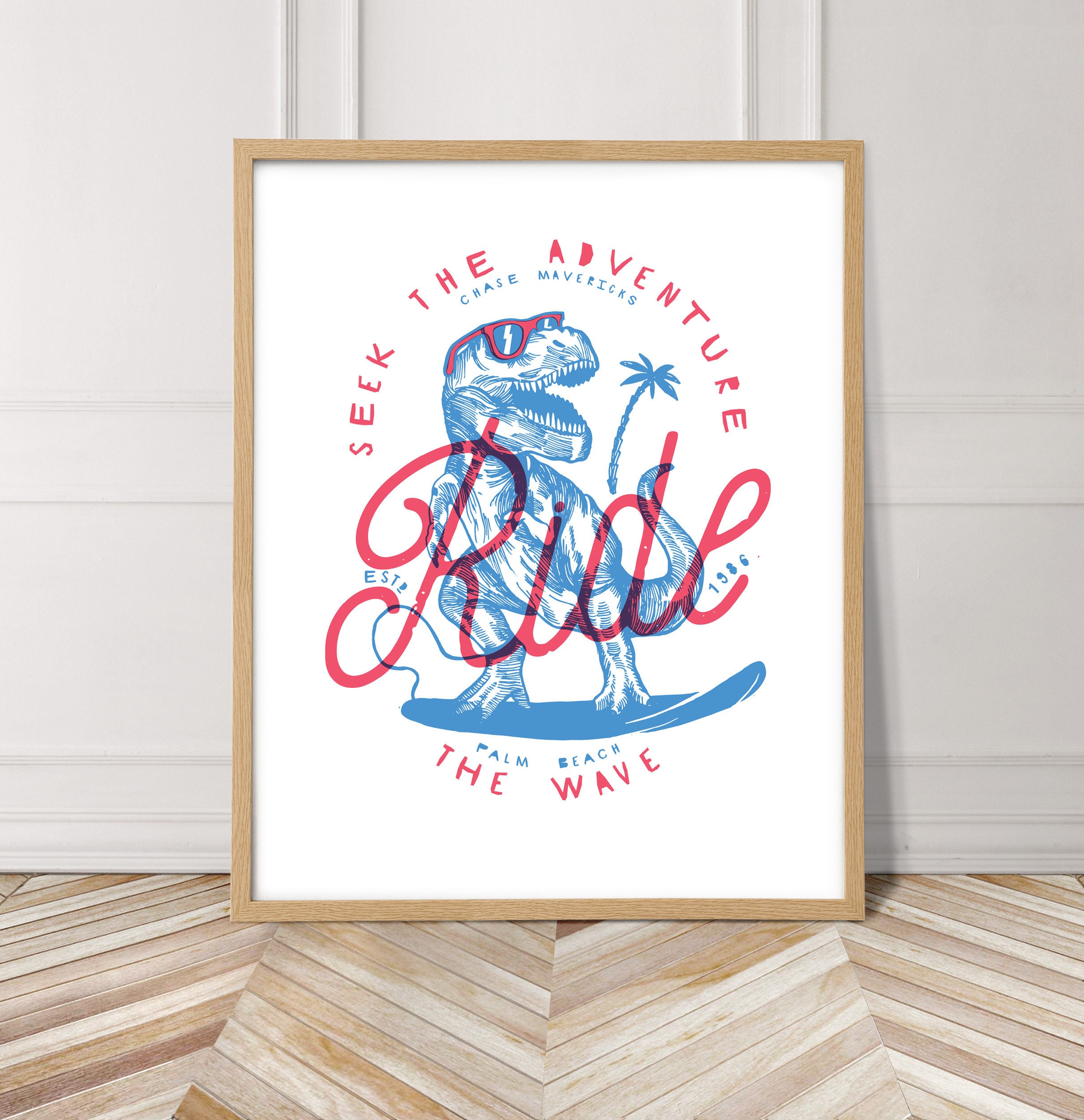 Dinosaur decor, surf print, dinosaur printable wall art, boys room