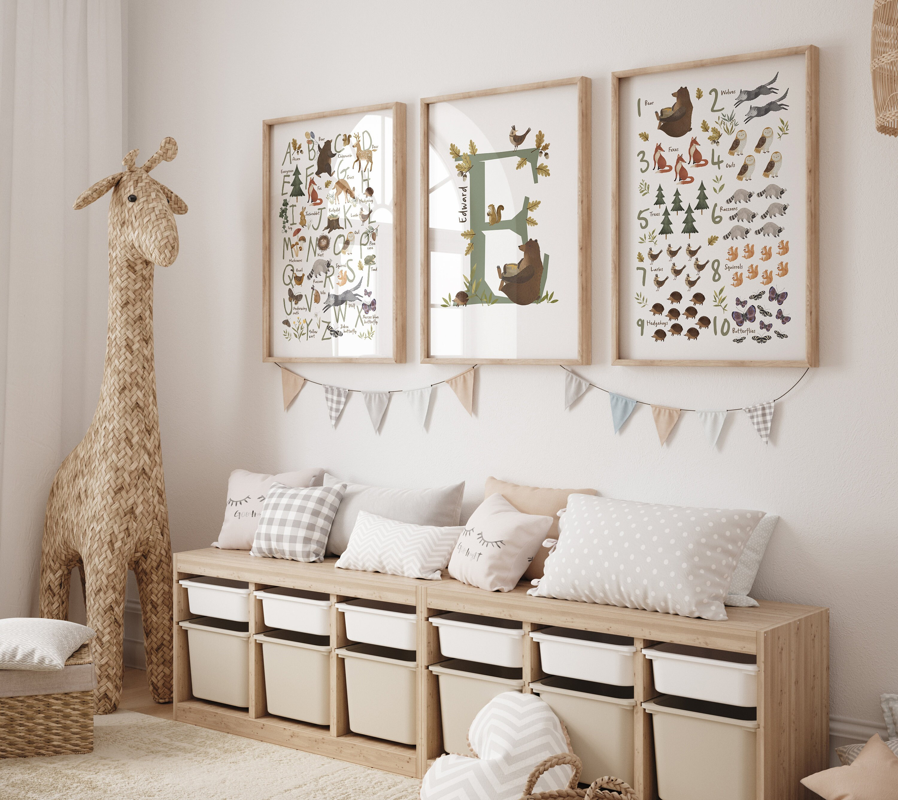 Woodland Nursery Decor, Set of Three Nursery Prints. ABC and Numbers ...