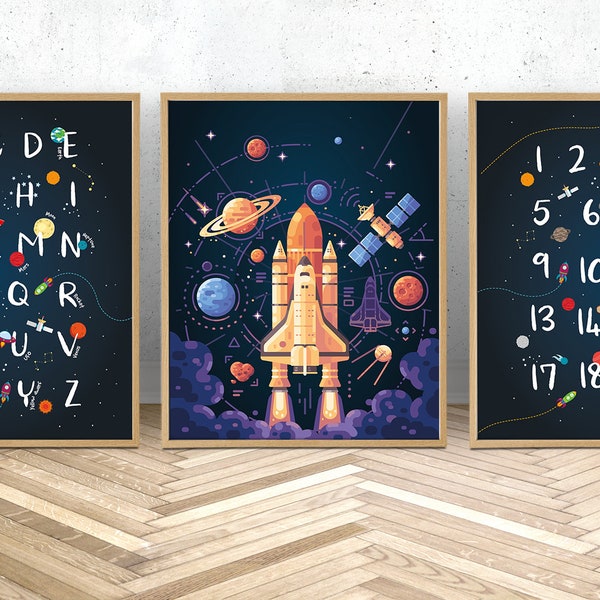 Space wall art set of 3 prints, kids alphabet printable posters, boys nursery room decor