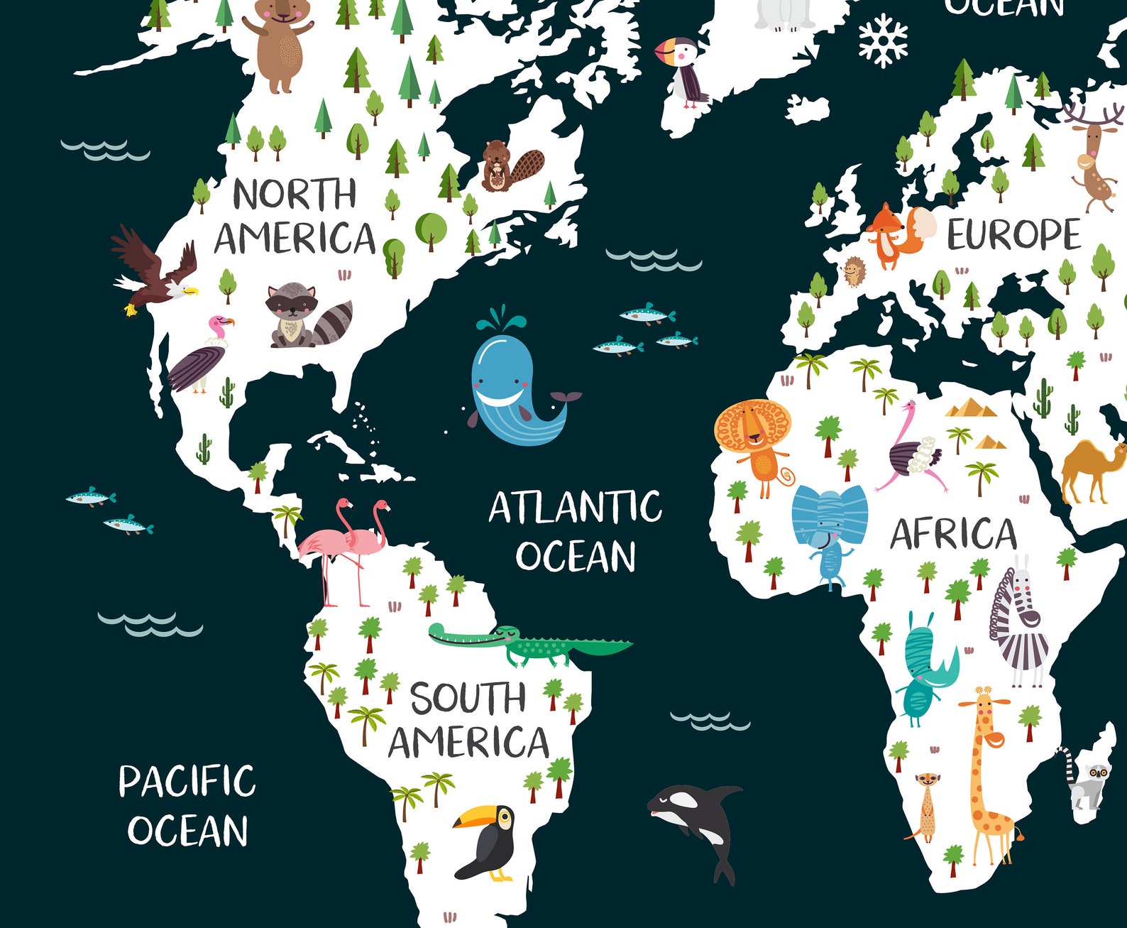 Dark Navy World Map Print Nursery World Map Blue Nursery Etsy