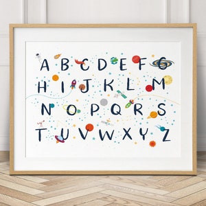 Kids space alphabet print in white, Space wall art, space nursery, printable wall art