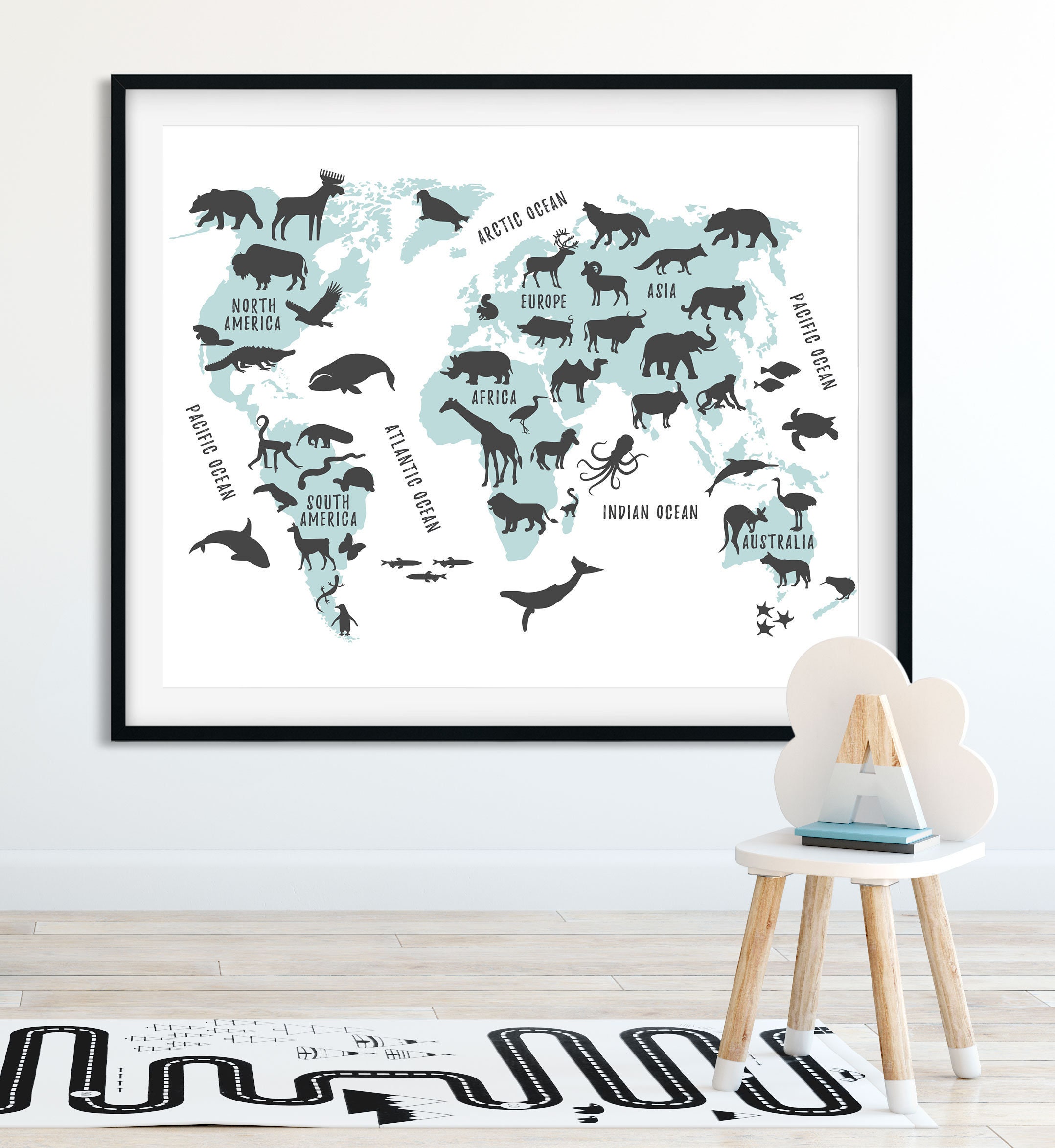 World Map Decor - Boys Room Printable - World Map Nursery - Animal ...