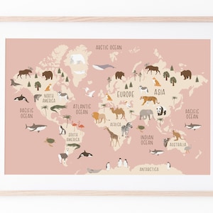 Muted pink kids world map print with animals of the world, perfect for your nursery accent wall!