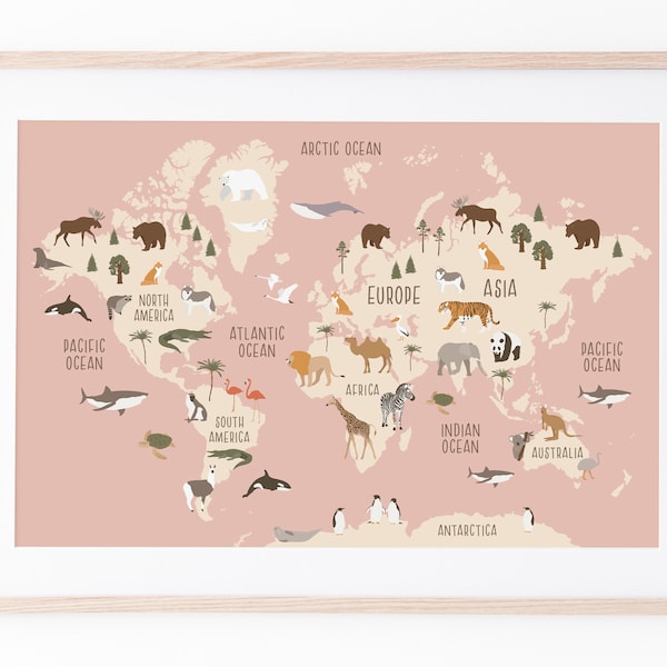 Muted pink kids world map print with animals of the world, perfect for your nursery accent wall!