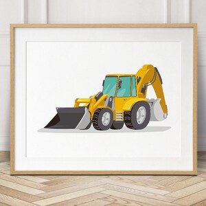 May include: A framed print featuring a yellow and black cartoon excavator. The excavator has a large front bucket and a rear arm with a smaller bucket. The print is set against a white background.