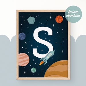 Letra S, Arte de pared para niños, Arte espacial, Regalo de bebé personalizado