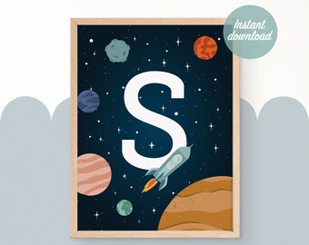 Letter S, Kids wall art, Space art, Custom baby gift