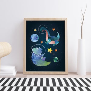 May include: A framed print of two dinosaurs in space. One dinosaur is blue and green and is wearing a space helmet. The other dinosaur is blue and orange and is floating in space. The background is a dark blue with stars and planets.