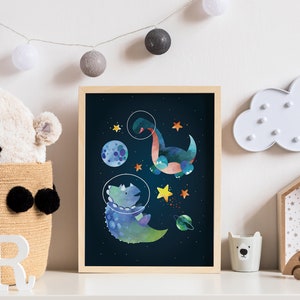 May include: A framed print of two blue dinosaurs in space with stars and planets. The dinosaurs are in a watercolour style.