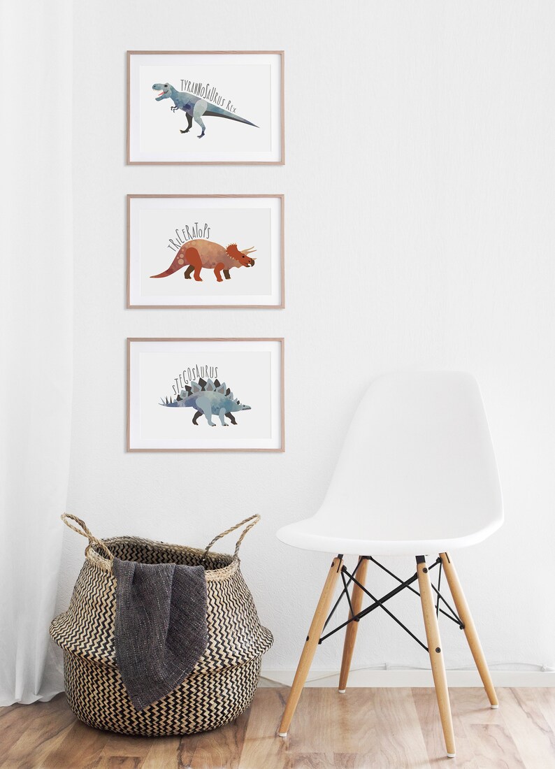 Set of 3 Dinosaur Nursery Prints, Dinosaur Wall Art, Watercolor ...