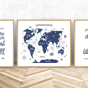 World map set of 3 prints, dream big little one wall art, you are our greatest adventure poster, travel nursery decor