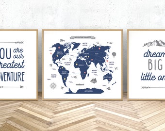 Wereldkaart set van 3 prints, droom grote kleine kunst aan de muur, jij bent onze grootste avonturenposter, decor voor reiskwekerij