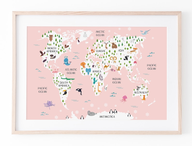 Pink World Map Print Nursery World Map Pink Nursery Decor Etsy