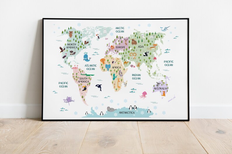 Nursery world map pastel nursery decor safari nursery art Etsy