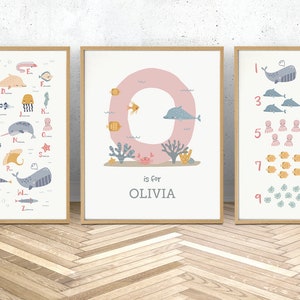Ocean theme nursery set of three nursery prints - abc and numbers plus custom name print. Perfect for a nursery accent wall