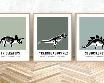 Set van 3 dinosaurus skelet fossiele prints in groen, dinosaurus kunst aan de muur, dinosaurus canvas