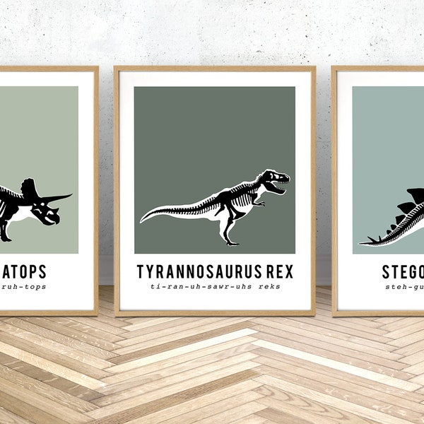 Set of 3 Dinosaur skeleton fossil prints in green, dinosaur wall art, dinosaur canvas