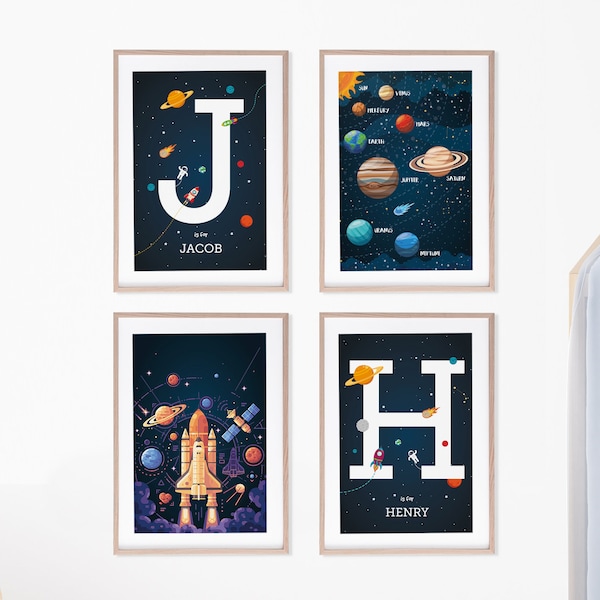 Space wall art set of 4 prints for space themed bedroom, with two custom name prints