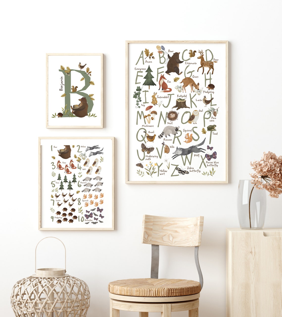 Woodland Nursery Decor, Set of Three Nursery Prints. ABC and Numbers ...