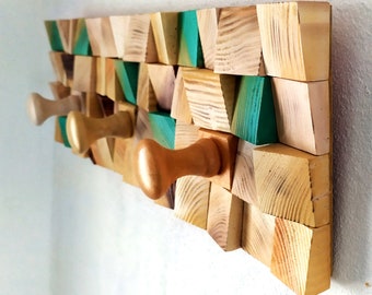 Harlequin Wood Coat Rack, Abstract Mosaic 3D Wall Art