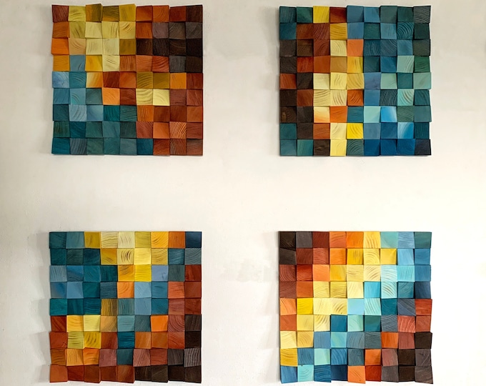 Squares Wood Wall Art, wall decor, wooden mosaic, abstract art, wall hanging, 3d wall art, sound diffuser