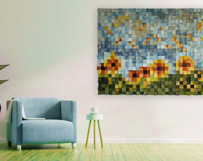 Sunflower Field - Contemporary wood wall art, Wall decor, Abstract wood painting, blue, yellow, green, orange, Sound diffuser