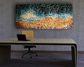 Sunrise on Mars Wood Mosaic Wall Art, Abstract 3D Wall Hanging (84x38")