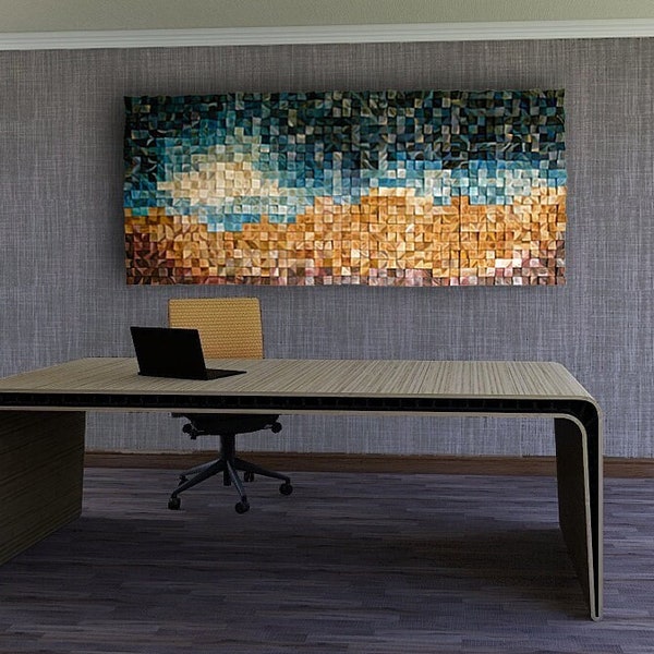 Lever du soleil sur Mars, art mural en bois, décoration murale, bois de mosaïque, art abstrait, suspension murale, art mural 3D, diffuseur de son