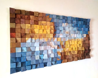 Metallic Blue and Brown, Painting Wood Wall Art, wood wall decor, wooden mosaic, abstract wood art, 3d wall art, sound diffuser