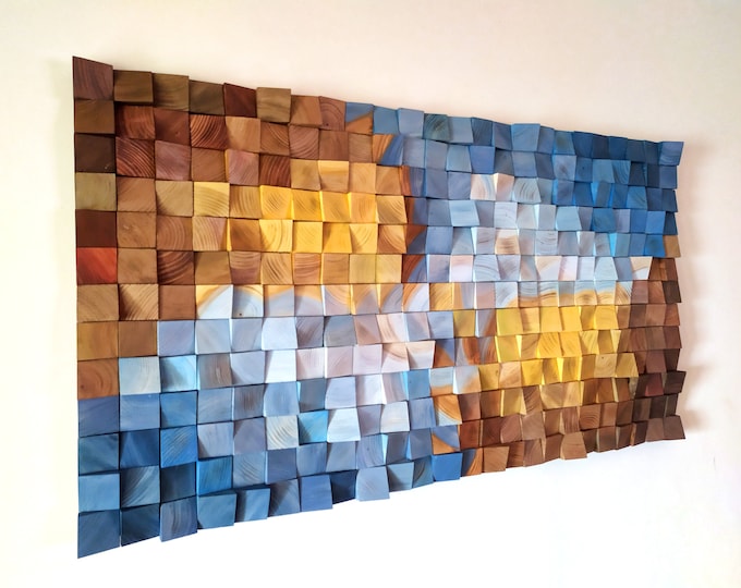 Metallic Blue and Brown, Painting Wood Wall Art, wood wall decor, wooden mosaic, abstract wood art, 3d wall art, sound diffuser