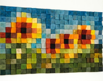 Sunflower Field, Painting Wood Wall Art, wood wall decor, wooden mosaic, abstract wood art, wall hanging, 3d wall art, sound diffuser