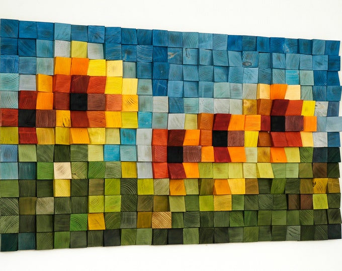 Sunflower Field, Painting Wood Wall Art, wood wall decor, wooden mosaic, abstract wood art, wall hanging, 3d wall art, sound diffuser