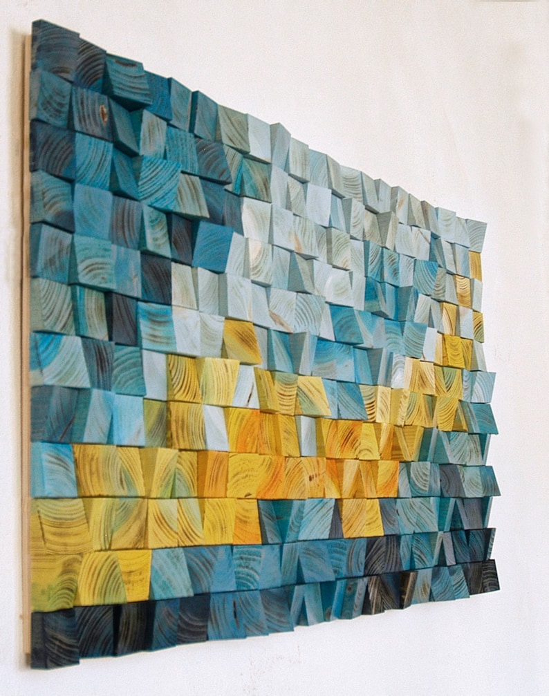 Yellow Sea Dragon, Painting Wood Wall Art, wood wall decor, wooden mosaic, abstract wood art, wall hanging, 3d wall art, sound diffuser image 4